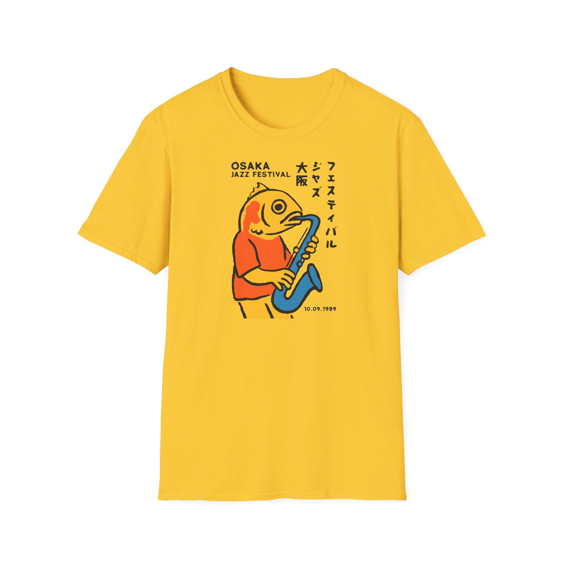 Yellow t-shirt with cartoon fish playing saxophone and "Osaka Jazz Festival" text.