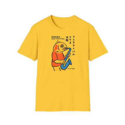 Yellow t-shirt with cartoon fish playing saxophone and "Osaka Jazz Festival" text.