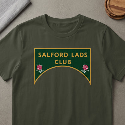 Dark green t-shirt with "SALFORD LADS CLUB" text and two red roses.