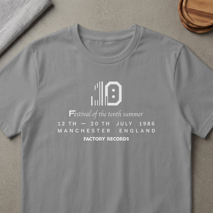 Gray t-shirt with "Festival of the tenth summer 1986 Factory Records" text.
