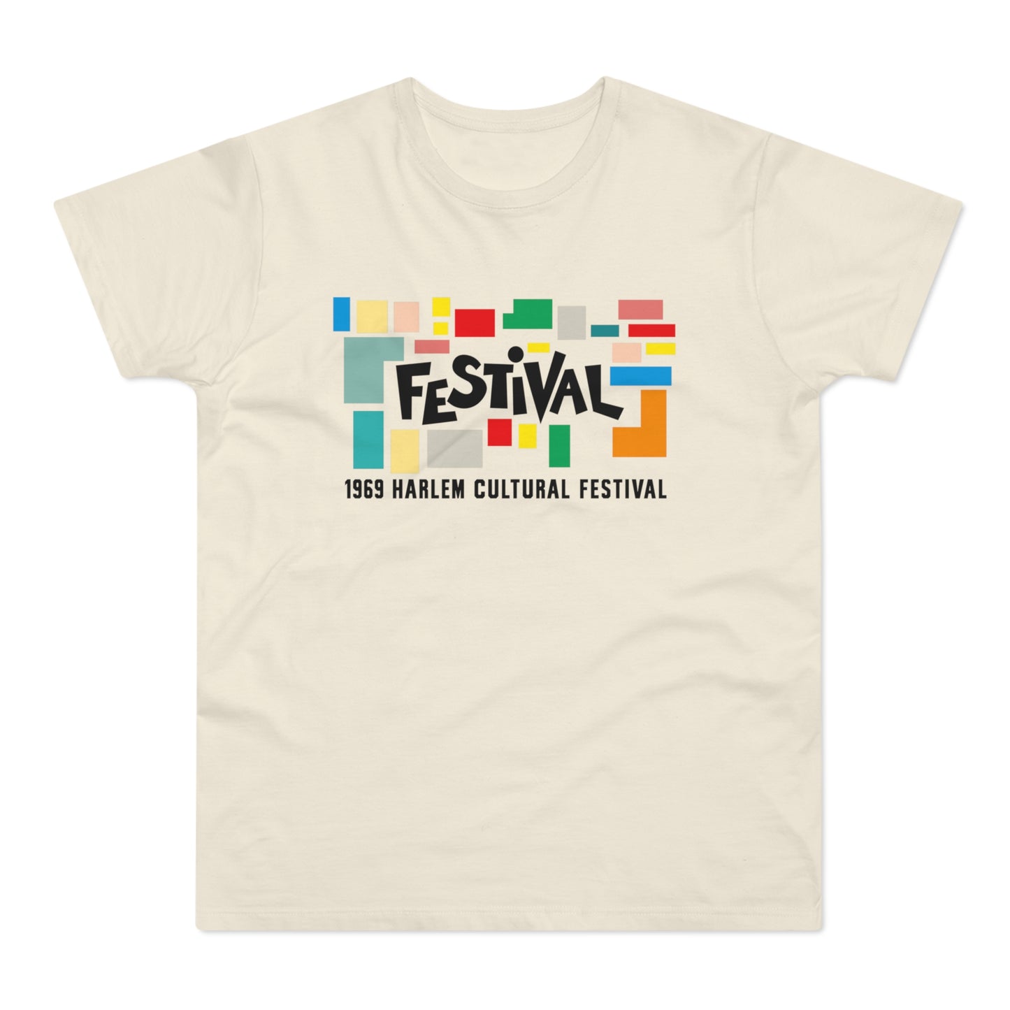 Cream t-shirt with abstract colorful blocks and "FESTIVAL 1969 HARLEM CULTURAL FESTIVAL" text.