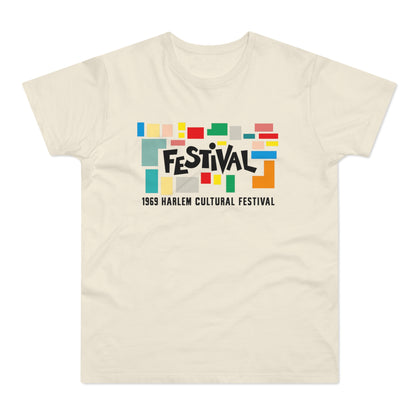 Cream t-shirt with abstract colorful blocks and "FESTIVAL 1969 HARLEM CULTURAL FESTIVAL" text.