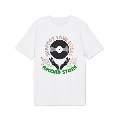 White t-shirt with a graphic of hands holding a record and text "Support Your Local Record Store".