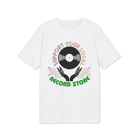 White t-shirt with a graphic of hands holding a record and text "Support Your Local Record Store".