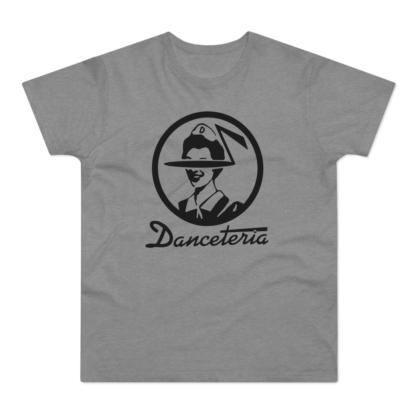 Danceteria logo with a person wearing a hat on a grey t-shirt.