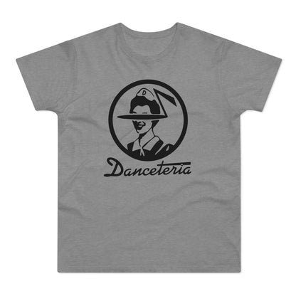 Danceteria logo with a person wearing a hat on a grey t-shirt.