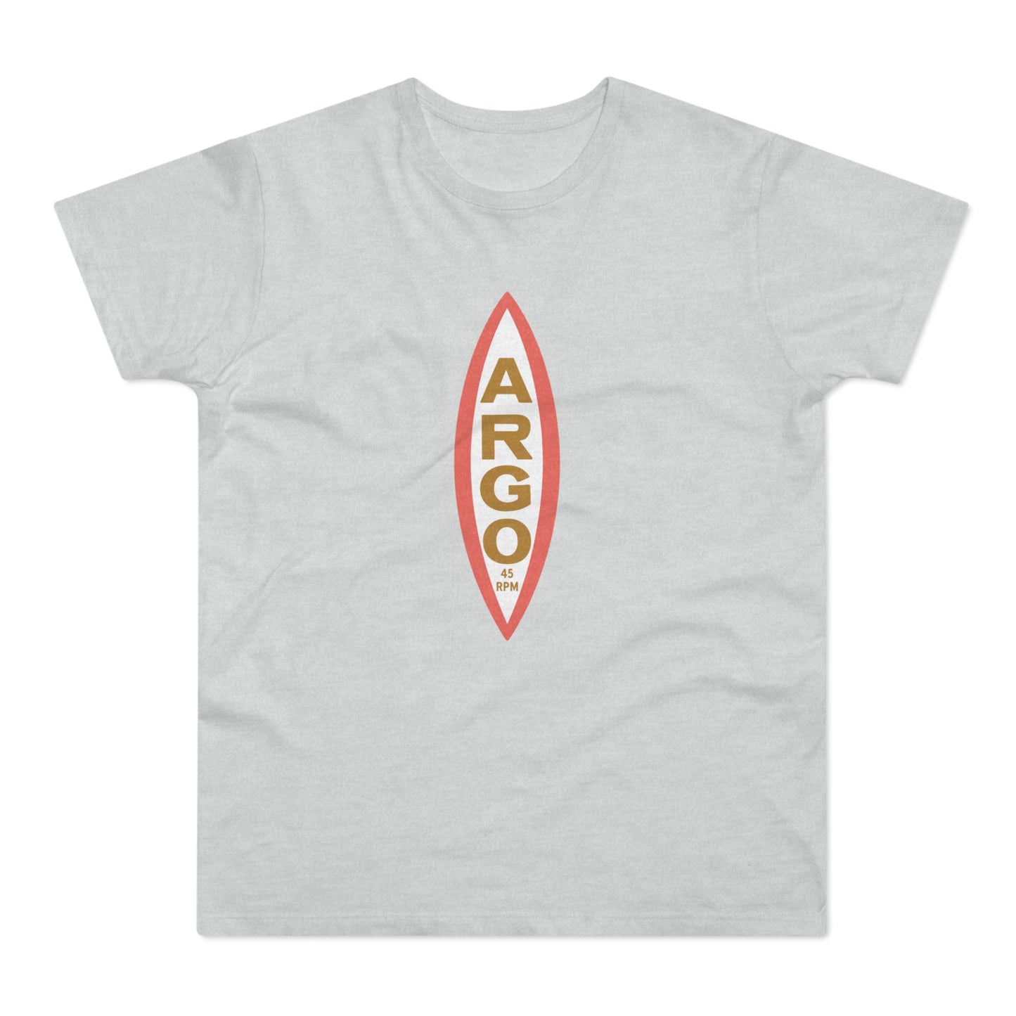 Light grey t-shirt with a vertical red and gold "ARGO 45 RPM" logo.