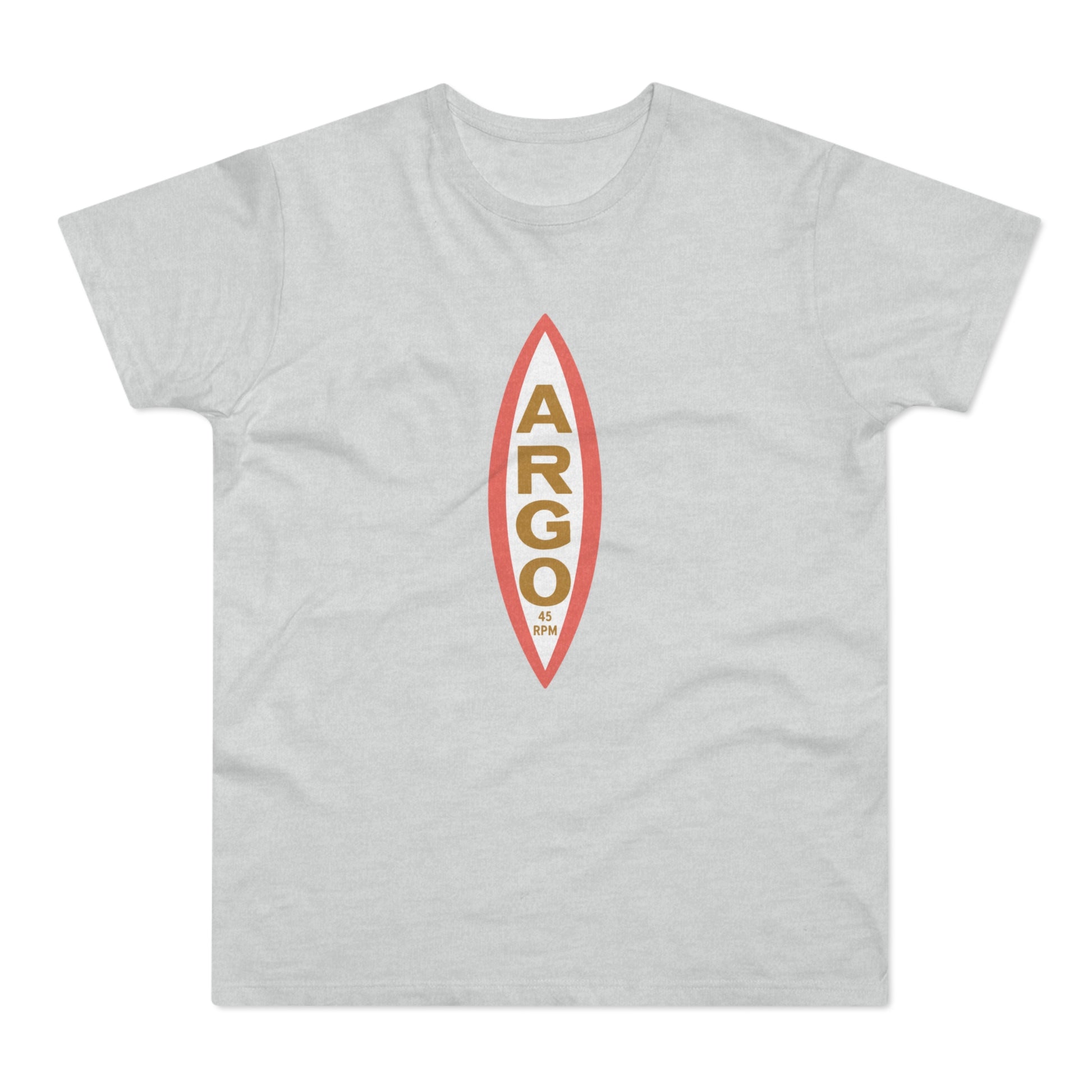 Light grey t-shirt with a vertical red and gold "ARGO 45 RPM" logo.