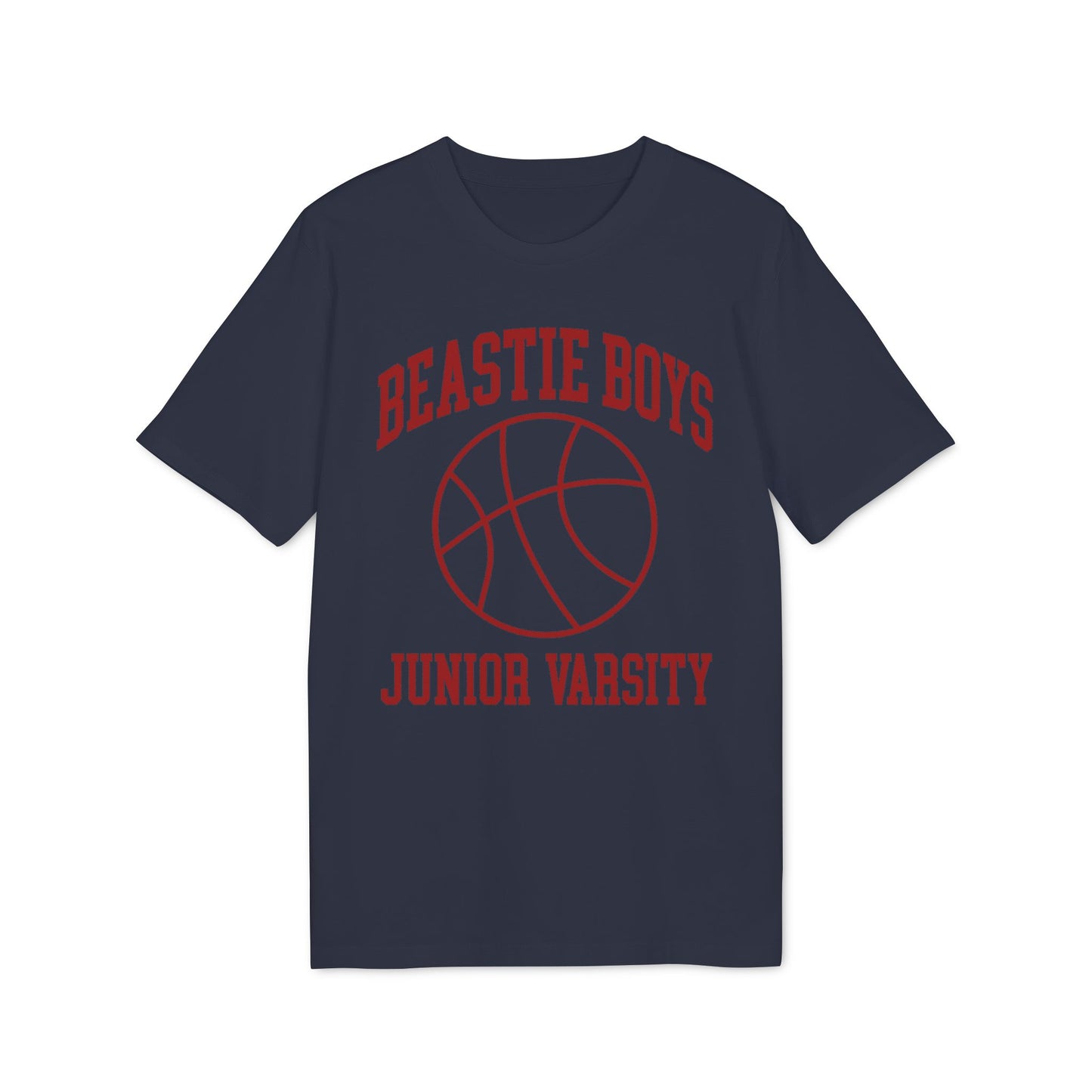 Navy t-shirt with red Beastie Boys Junior Varsity basketball graphic.