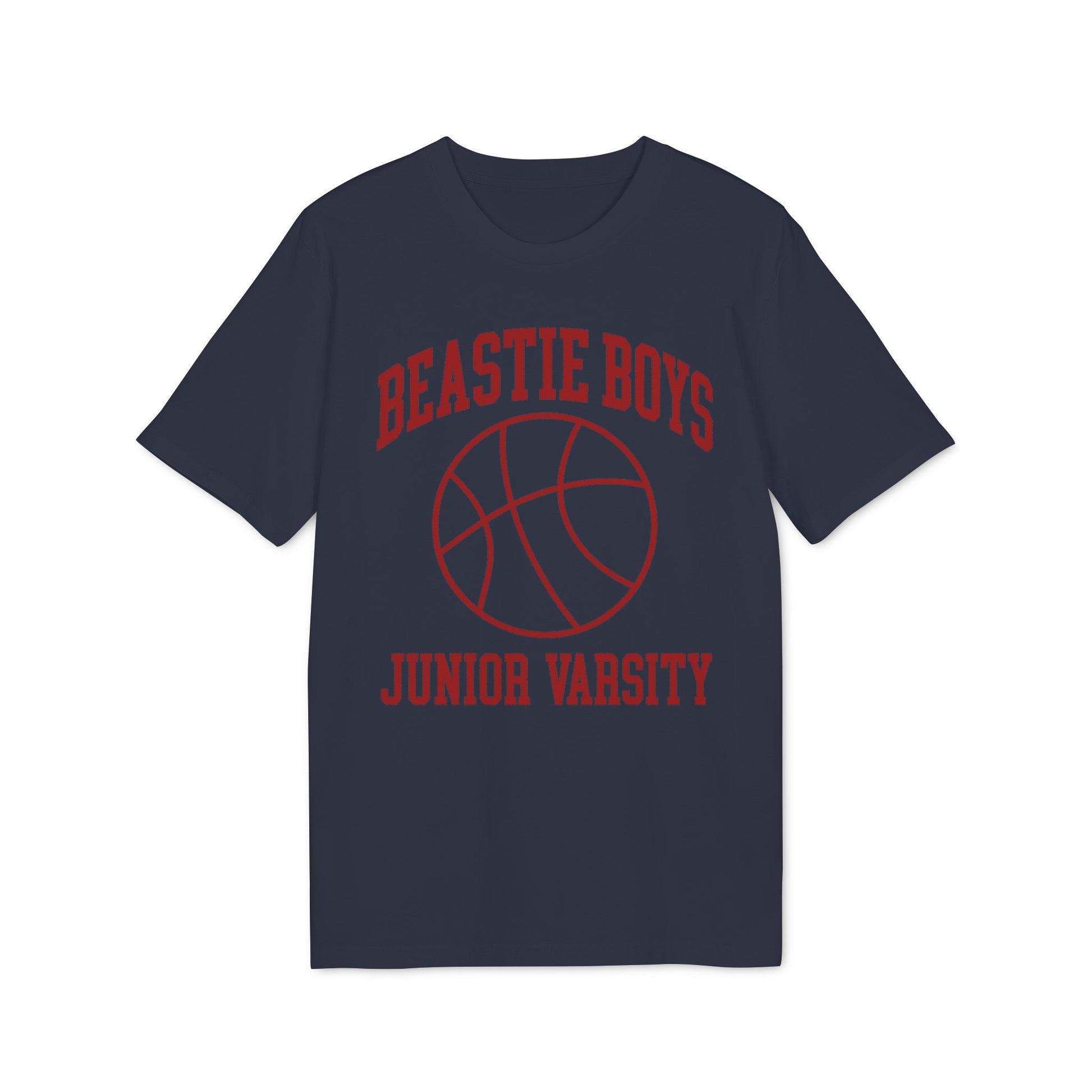 Navy t-shirt with red Beastie Boys Junior Varsity basketball graphic.