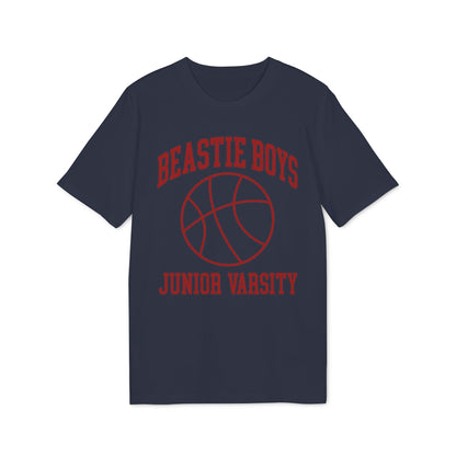 Navy t-shirt with red Beastie Boys Junior Varsity basketball graphic.