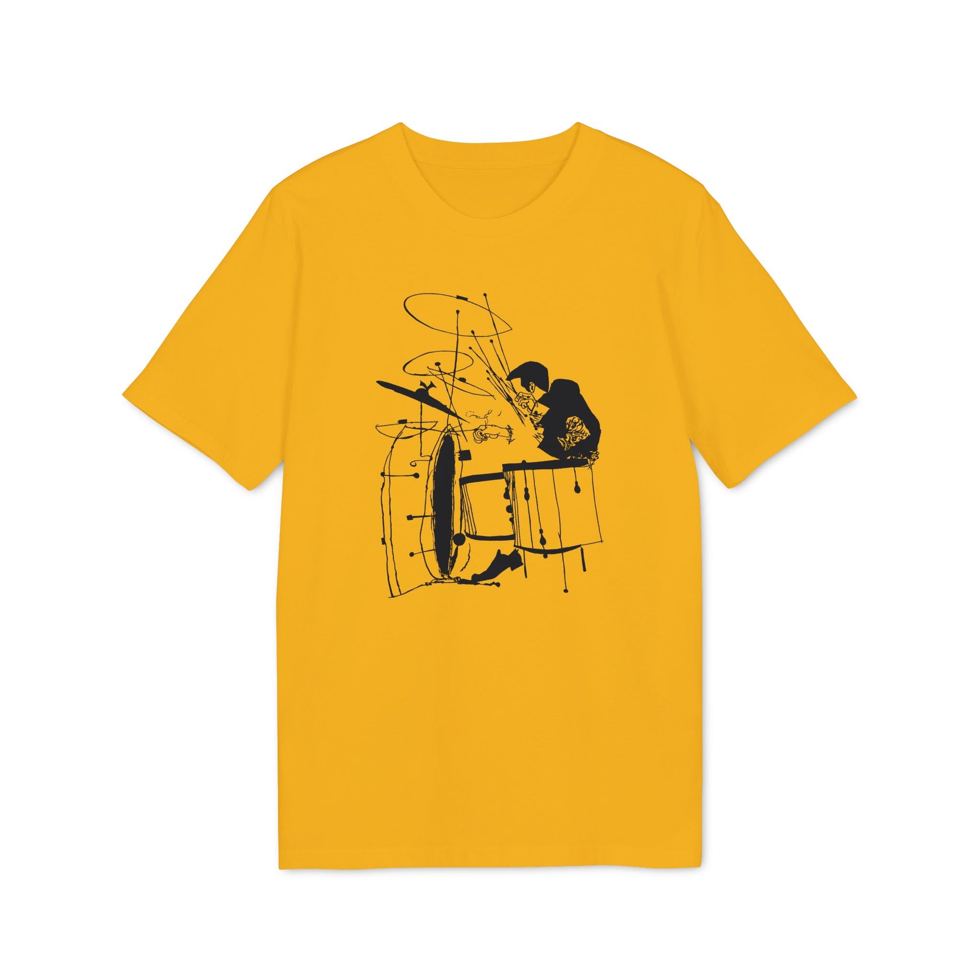 Yellow t-shirt with a black ink sketch of a drummer playing a drum set.