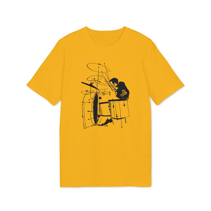 Yellow t-shirt with a black ink sketch of a drummer playing a drum set.