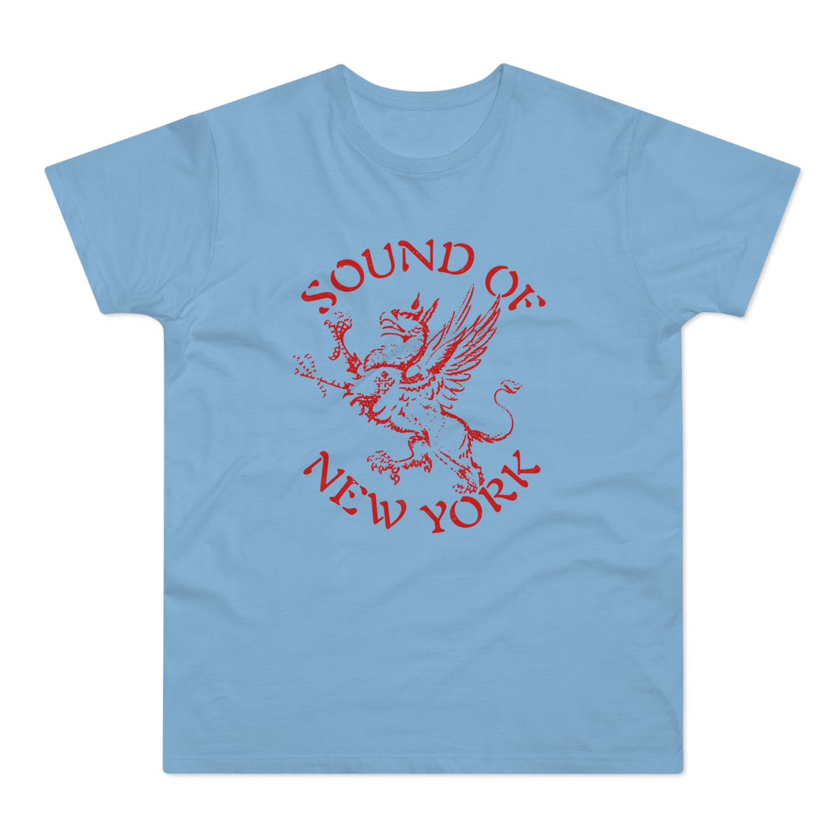 Light blue t-shirt with red text "SOUND OF NEW YORK" and a winged griffin graphic.