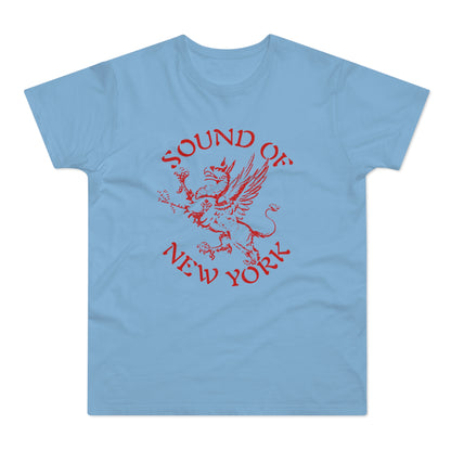 Light blue t-shirt with red text "SOUND OF NEW YORK" and a winged griffin graphic.