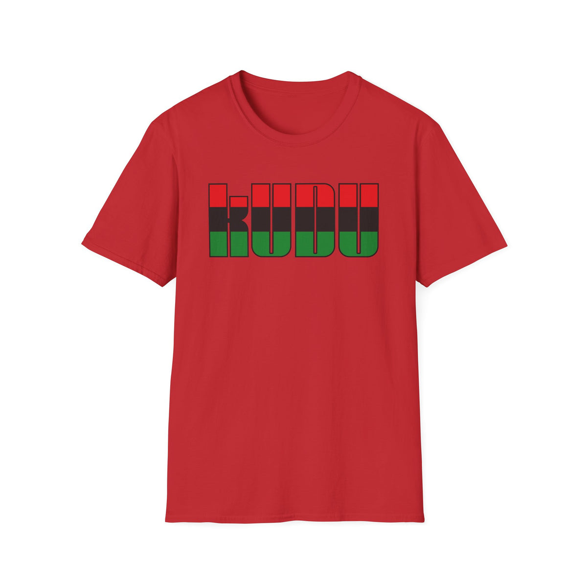 Red t-shirt with black and red outlined "KUJU" text using Pan-African flag colors.