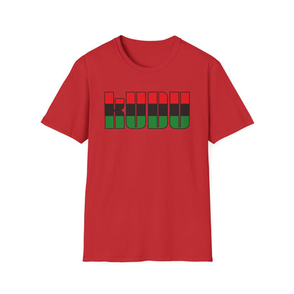 Red t-shirt with black and red outlined "KUJU" text using Pan-African flag colors.