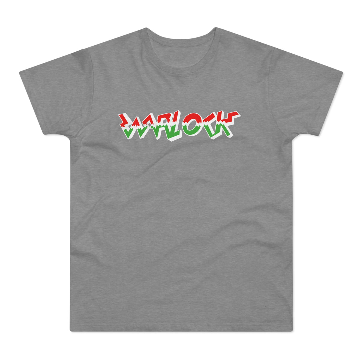 Grey t-shirt with "WARLOCK" text in red, white, and green jagged font.