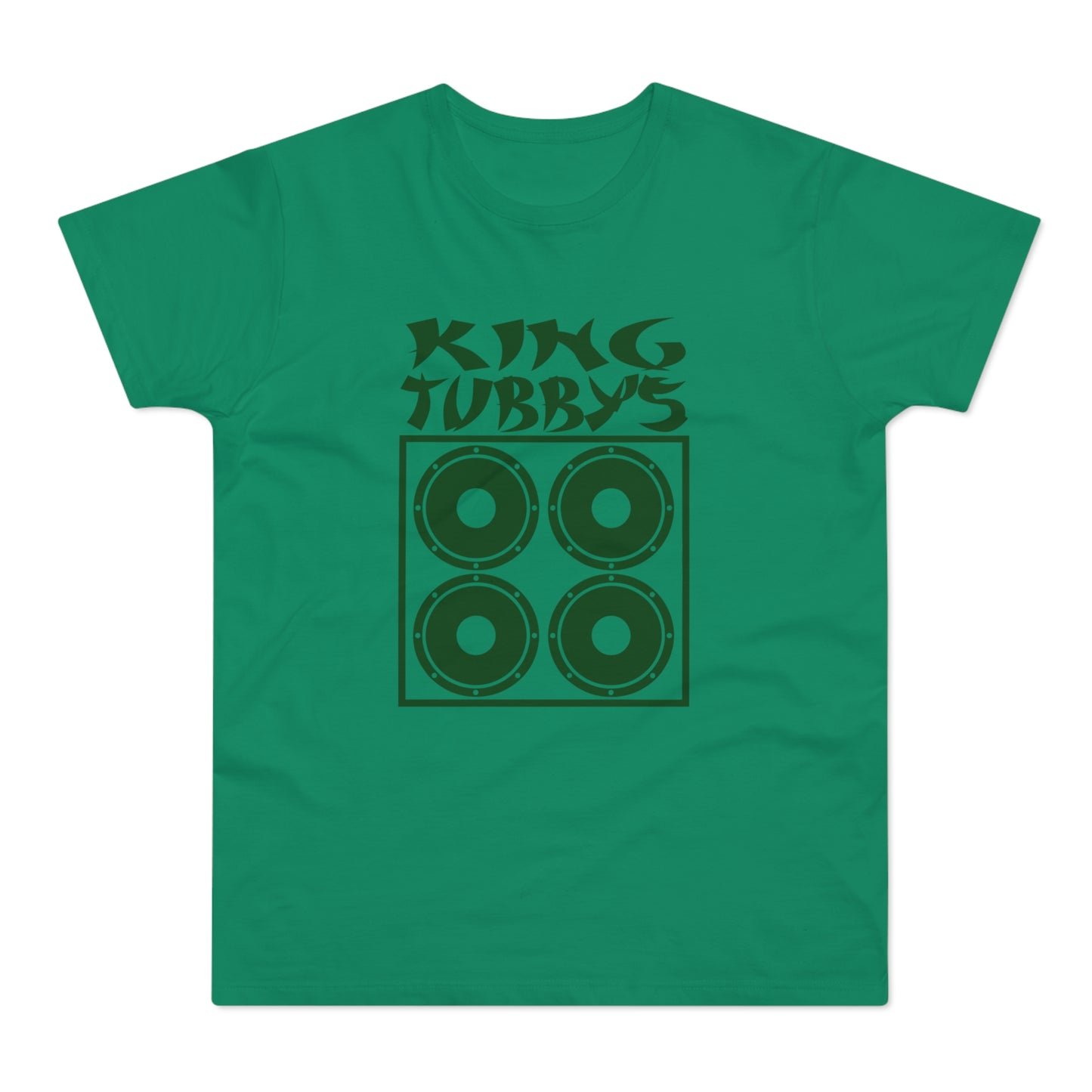 Green t-shirt with dark green "KING TUBBY'S" text and four speaker graphic.