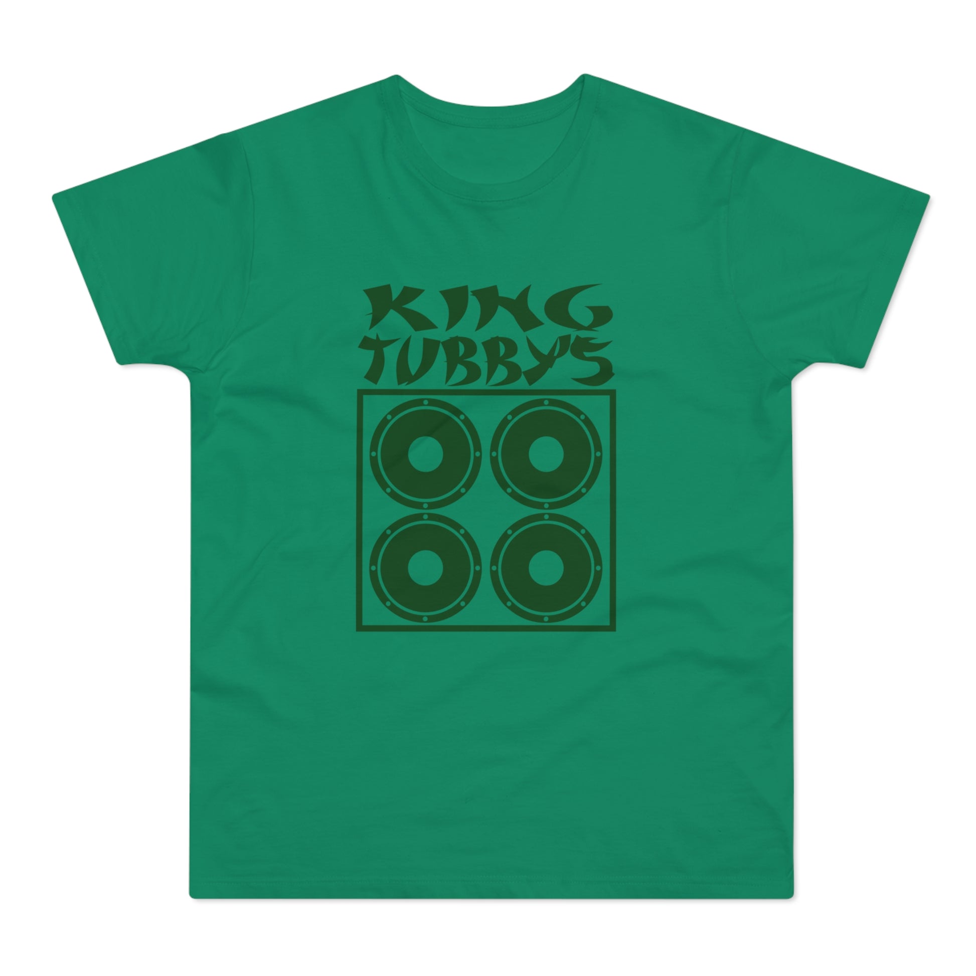 Green t-shirt with dark green "KING TUBBY'S" text and four speaker graphic.
