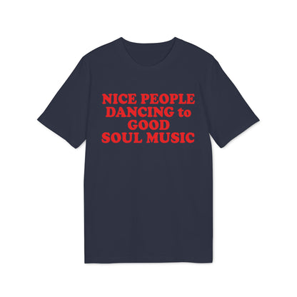Navy t-shirt with red text reading: Nice People Dancing to Good Soul Music