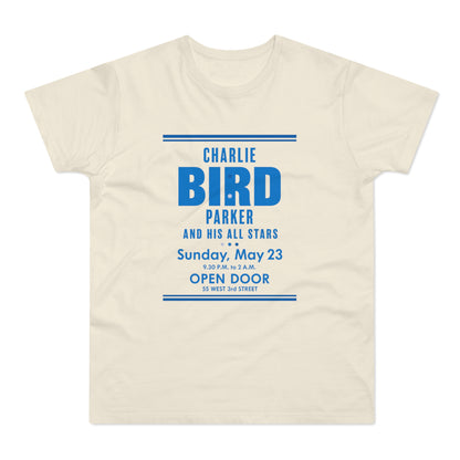 Cream t-shirt with blue text advertising Charlie Bird Parker and His All Stars on Sunday, May 23.