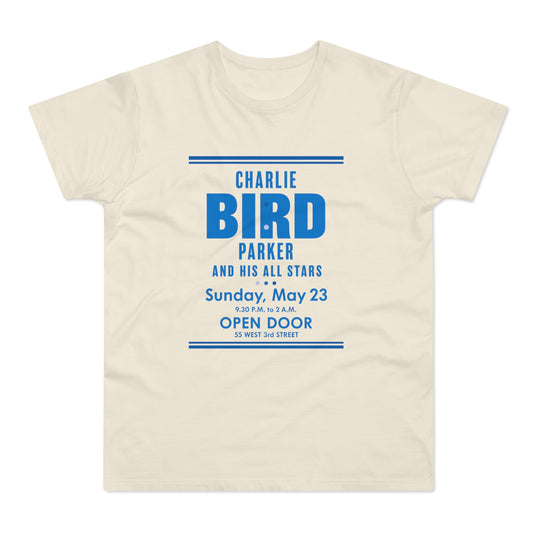 Cream t-shirt with blue text advertising Charlie Bird Parker and His All Stars on Sunday, May 23.