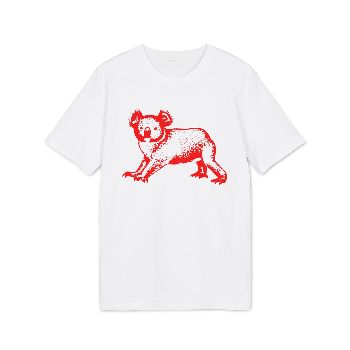 White t-shirt with a red graphic of a koala in a speckled style.