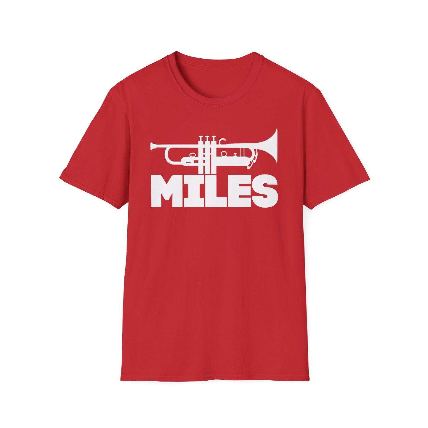 Red t-shirt with white trumpet silhouette and "MILES" text graphic.