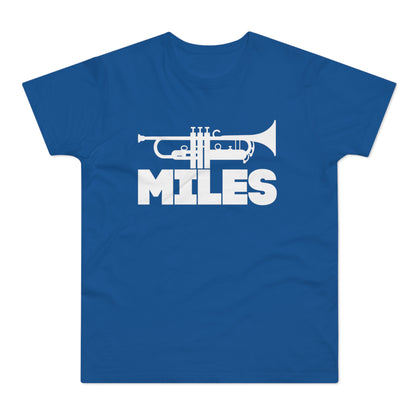 Blue t-shirt with white trumpet graphic and "MILES" text.