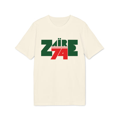 Cream t-shirt with green and red "ZAIRE 74" graphic.