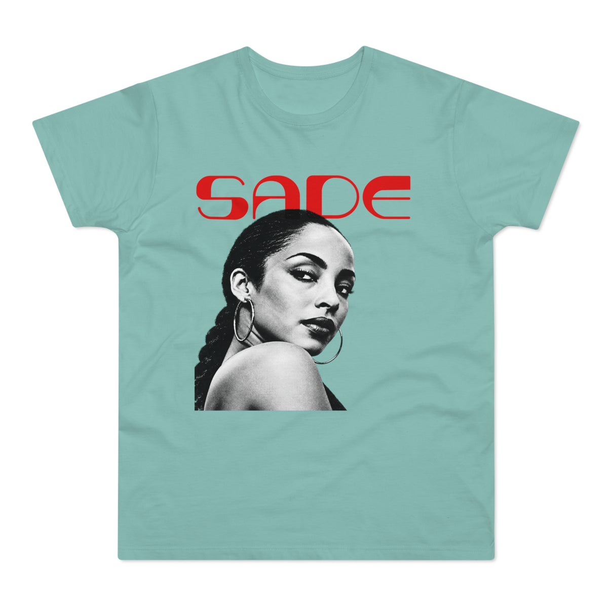 Teal t-shirt with red "SADE" text and a black and white portrait of Sade Adu.