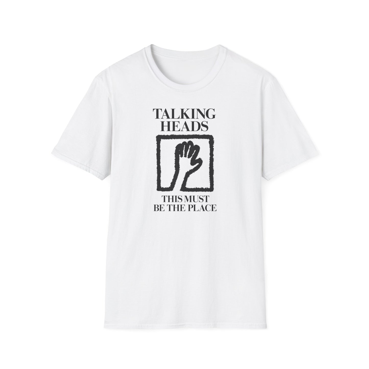 White t-shirt with "Talking Heads" and "This Must Be The Place" lyrics and hand graphic.