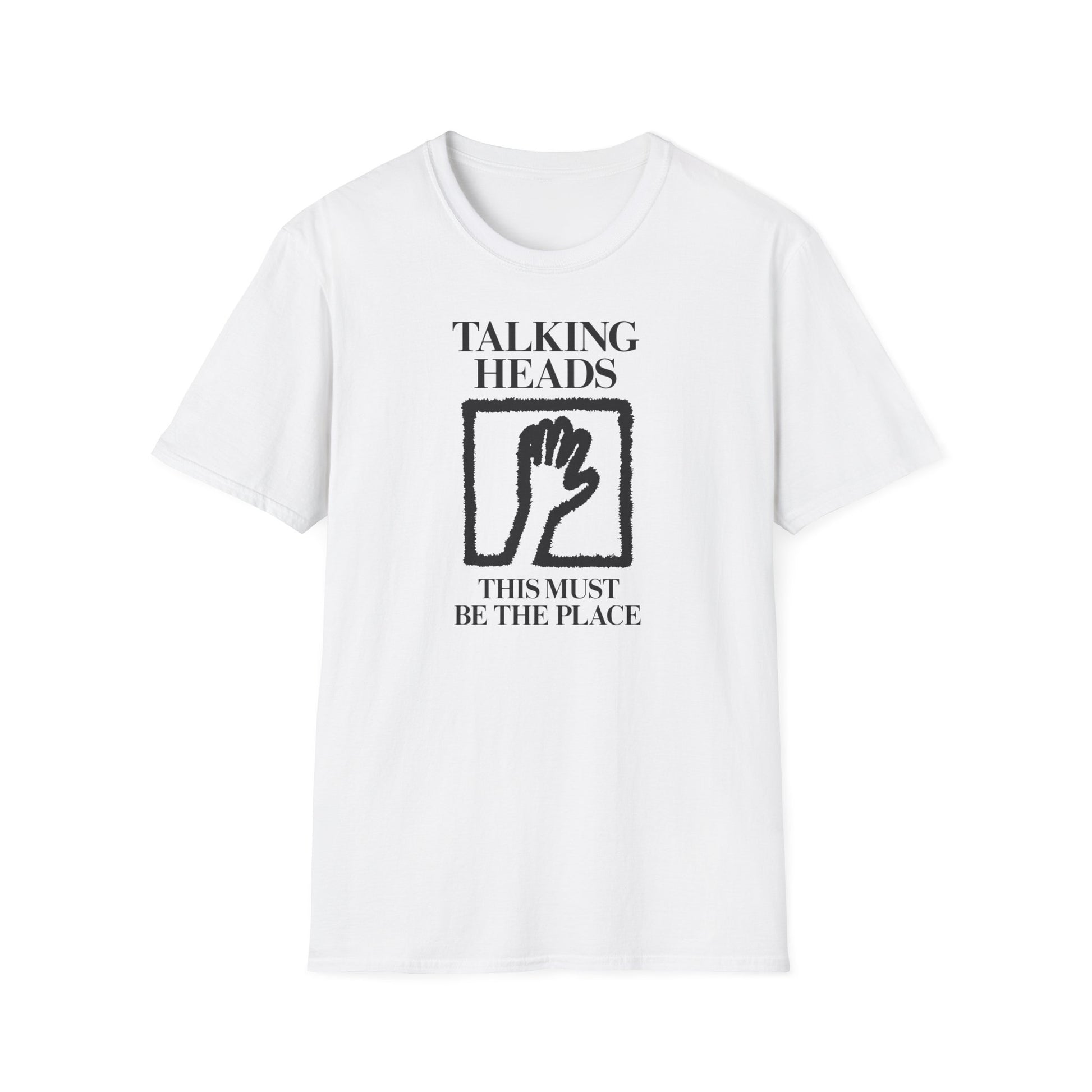 White t-shirt with "Talking Heads" and "This Must Be The Place" lyrics and hand graphic.