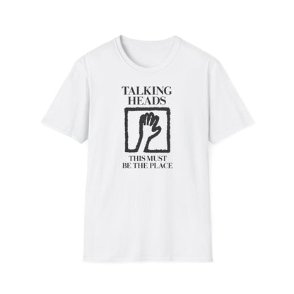 White t-shirt with "Talking Heads" and "This Must Be The Place" lyrics and hand graphic.
