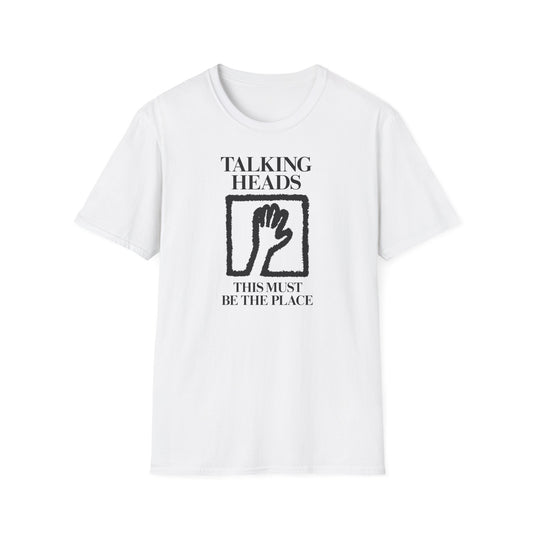 White t-shirt with "Talking Heads" and "This Must Be The Place" lyrics and hand graphic.