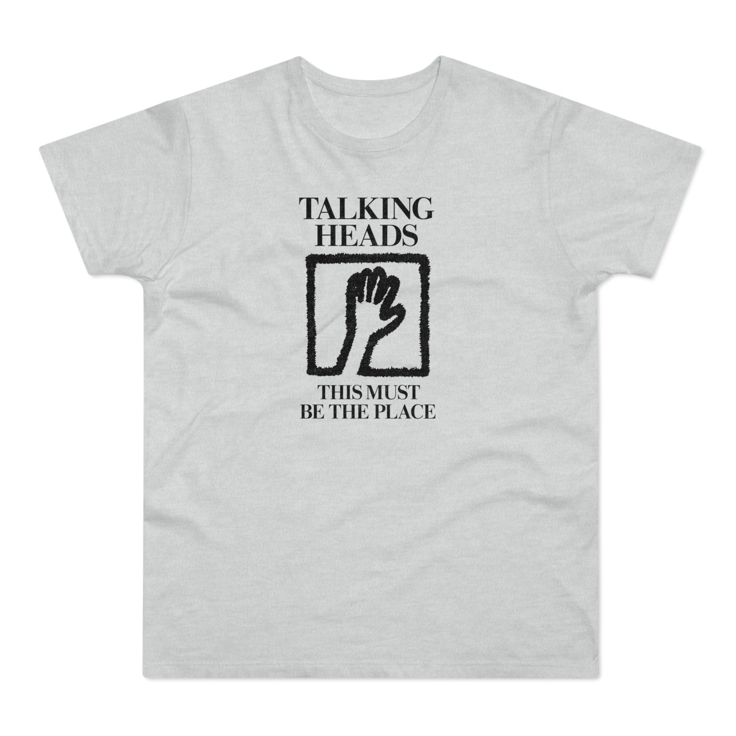 Light gray t-shirt with "Talking Heads This Must Be The Place" text and logo.