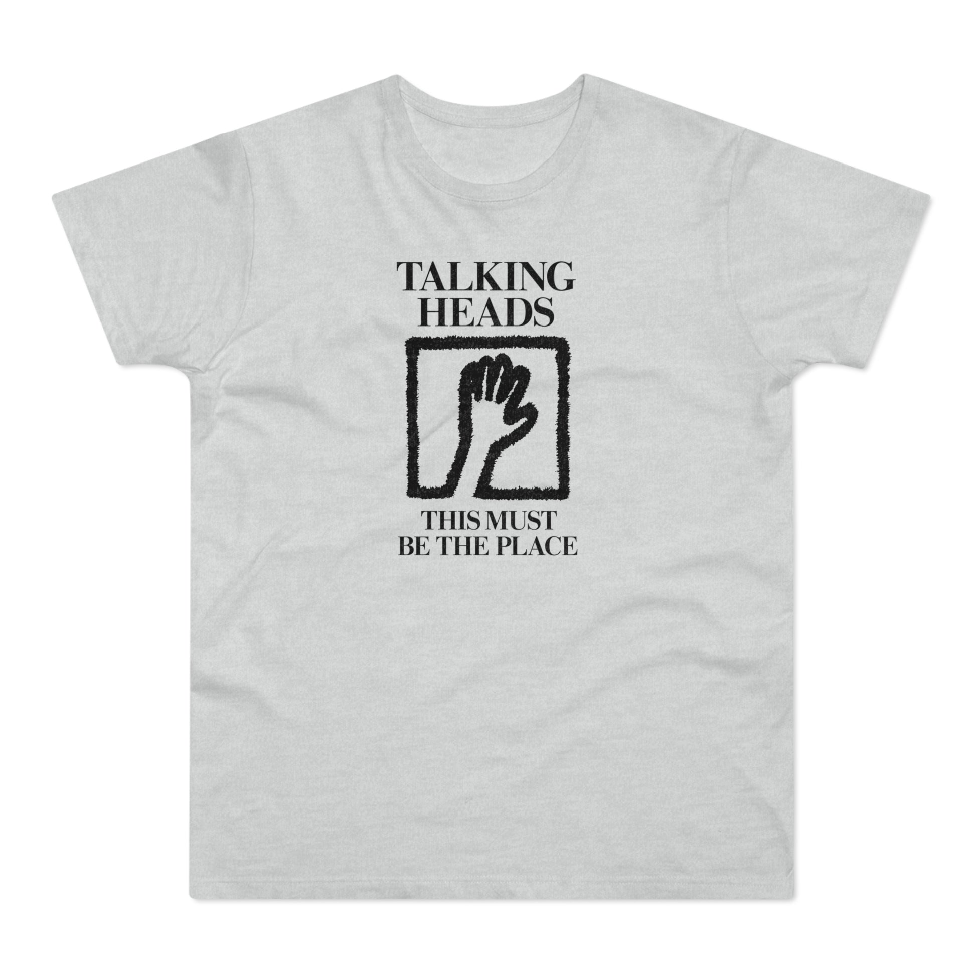 Light gray t-shirt with "Talking Heads This Must Be The Place" text and logo.