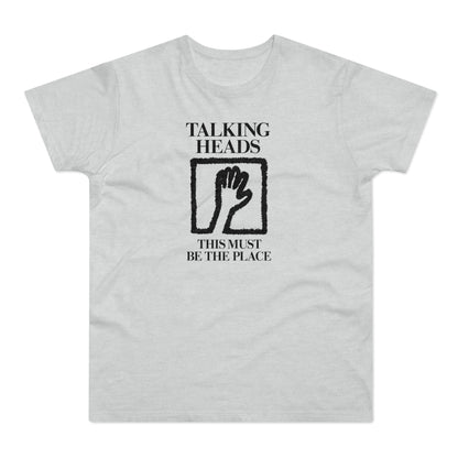 Light gray t-shirt with "Talking Heads This Must Be The Place" text and logo.