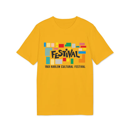 Yellow t-shirt with "Festival" graphic and "1969 Harlem Cultural Festival" text.