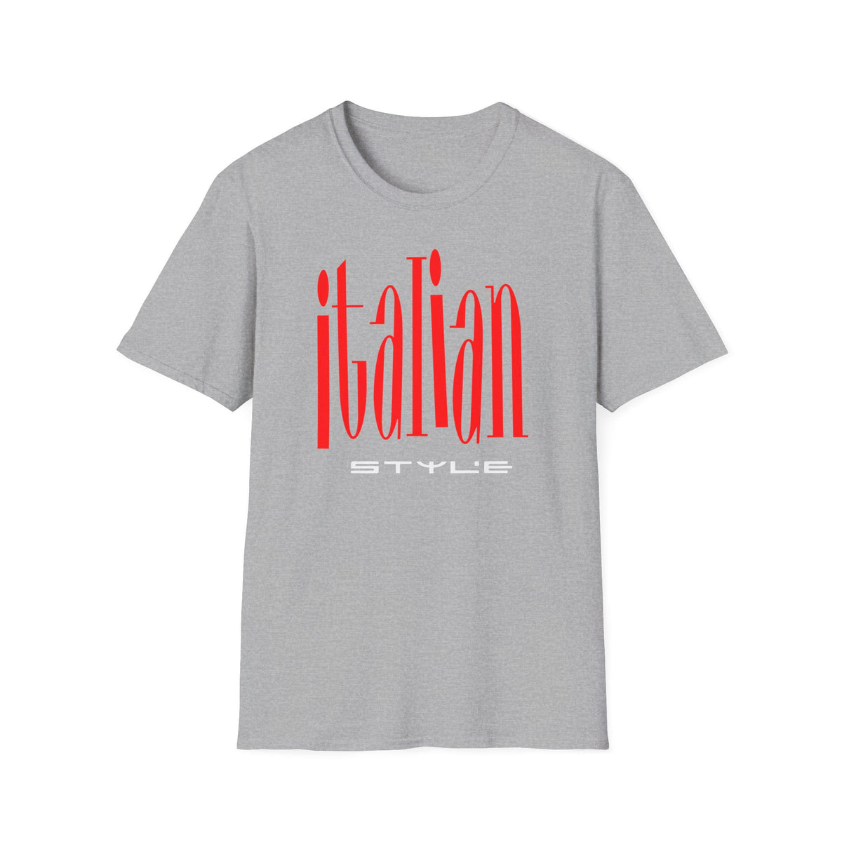 Grey t-shirt with red "ITALIAN STYLE" text graphic.