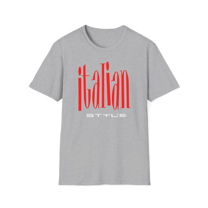 Grey t-shirt with red "ITALIAN STYLE" text graphic.