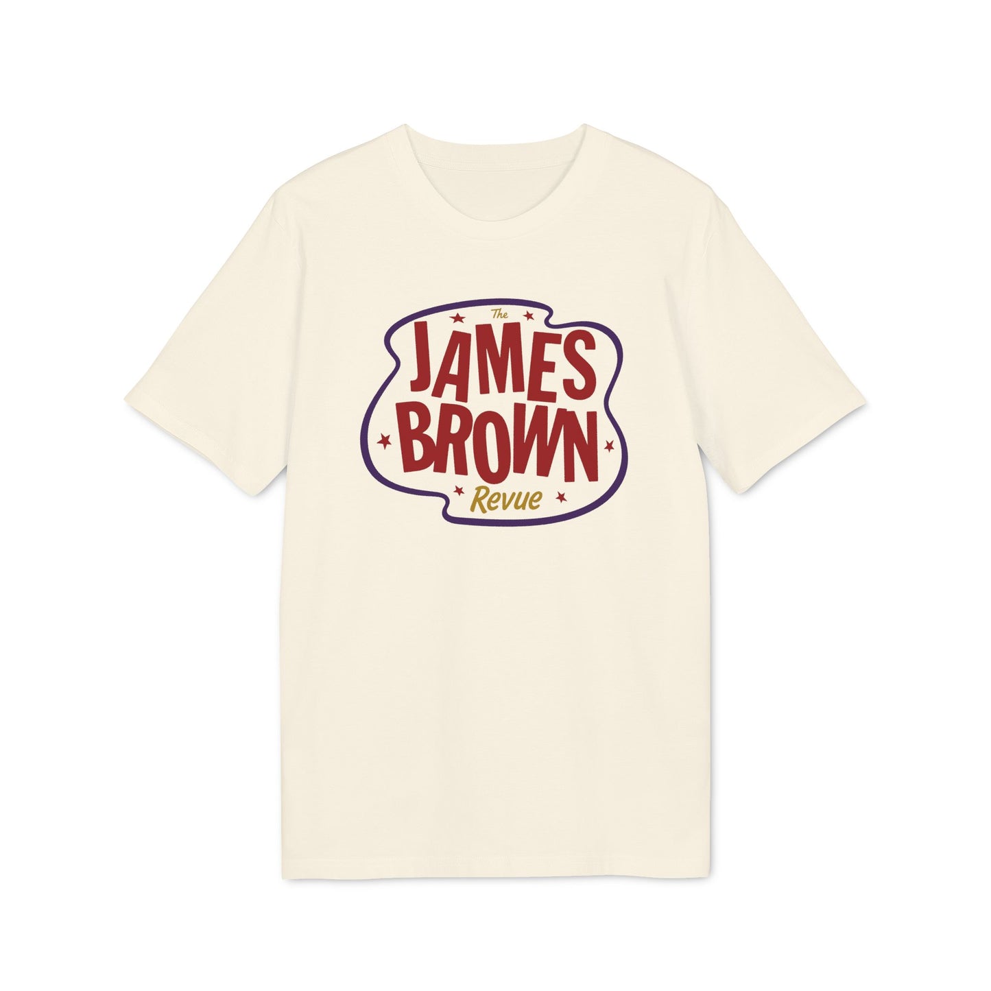 Cream t-shirt with "The James Brown Revue" graphic in red and purple.