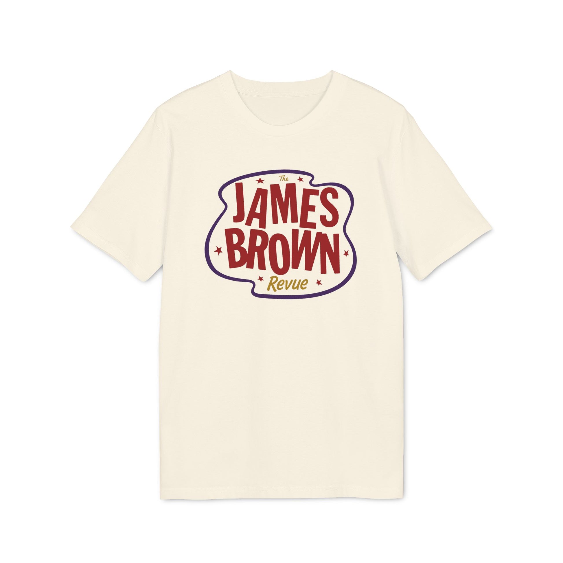 Cream t-shirt with "The James Brown Revue" graphic in red and purple.