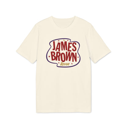 Cream t-shirt with "The James Brown Revue" graphic in red and purple.