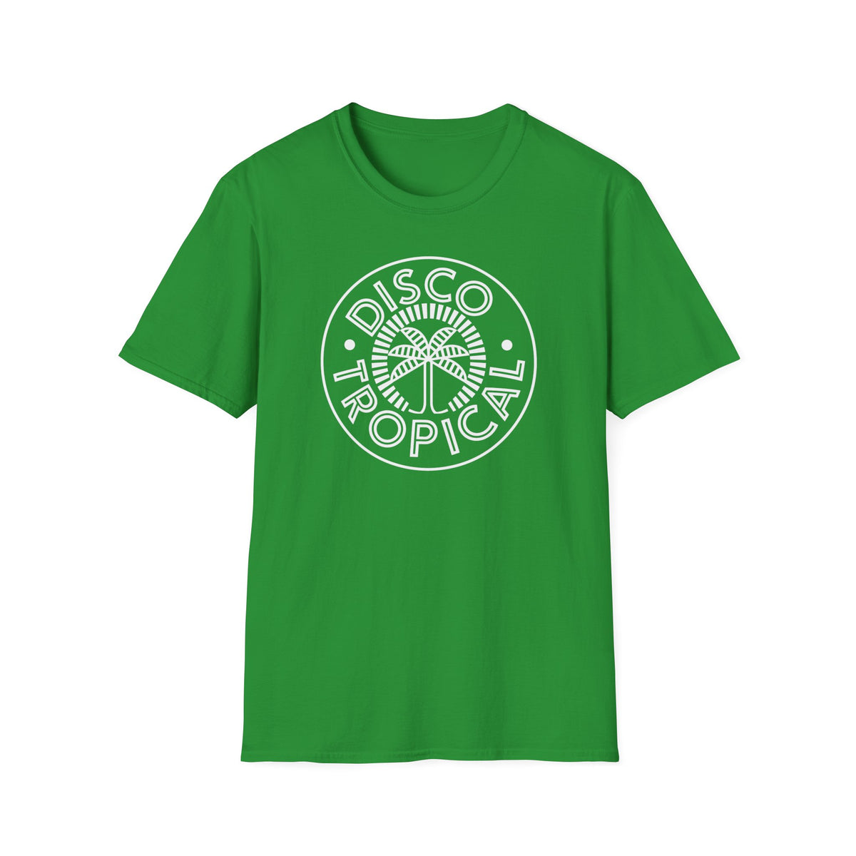 Green t-shirt with white "Disco Tropical" text and palm tree graphic.