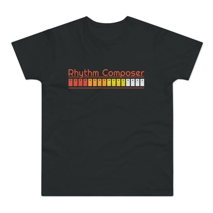 Black t-shirt with orange "Rhythm Composer" text and colorful squares.