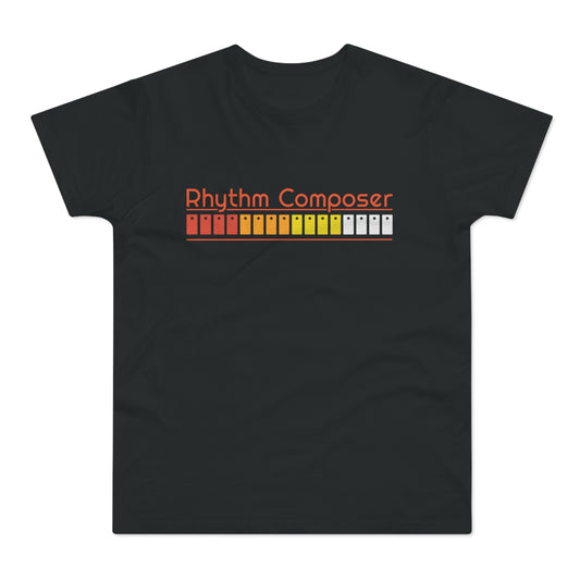 Black t-shirt with orange "Rhythm Composer" text and colorful squares.