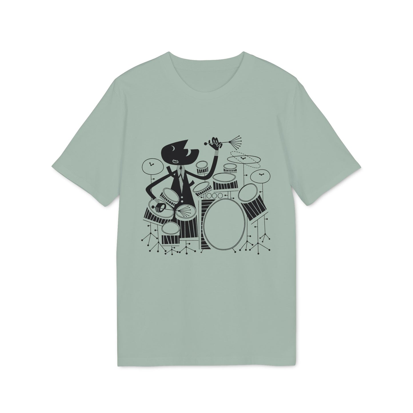 Black cartoon drummer playing a drum set on a light green t-shirt.
