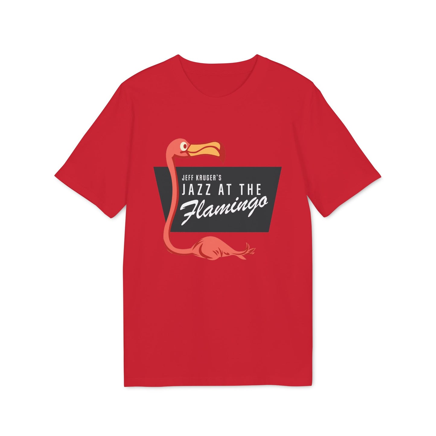 Red t-shirt with "Jeff Kruger's Jazz at the Flamingo" and a cartoon flamingo.